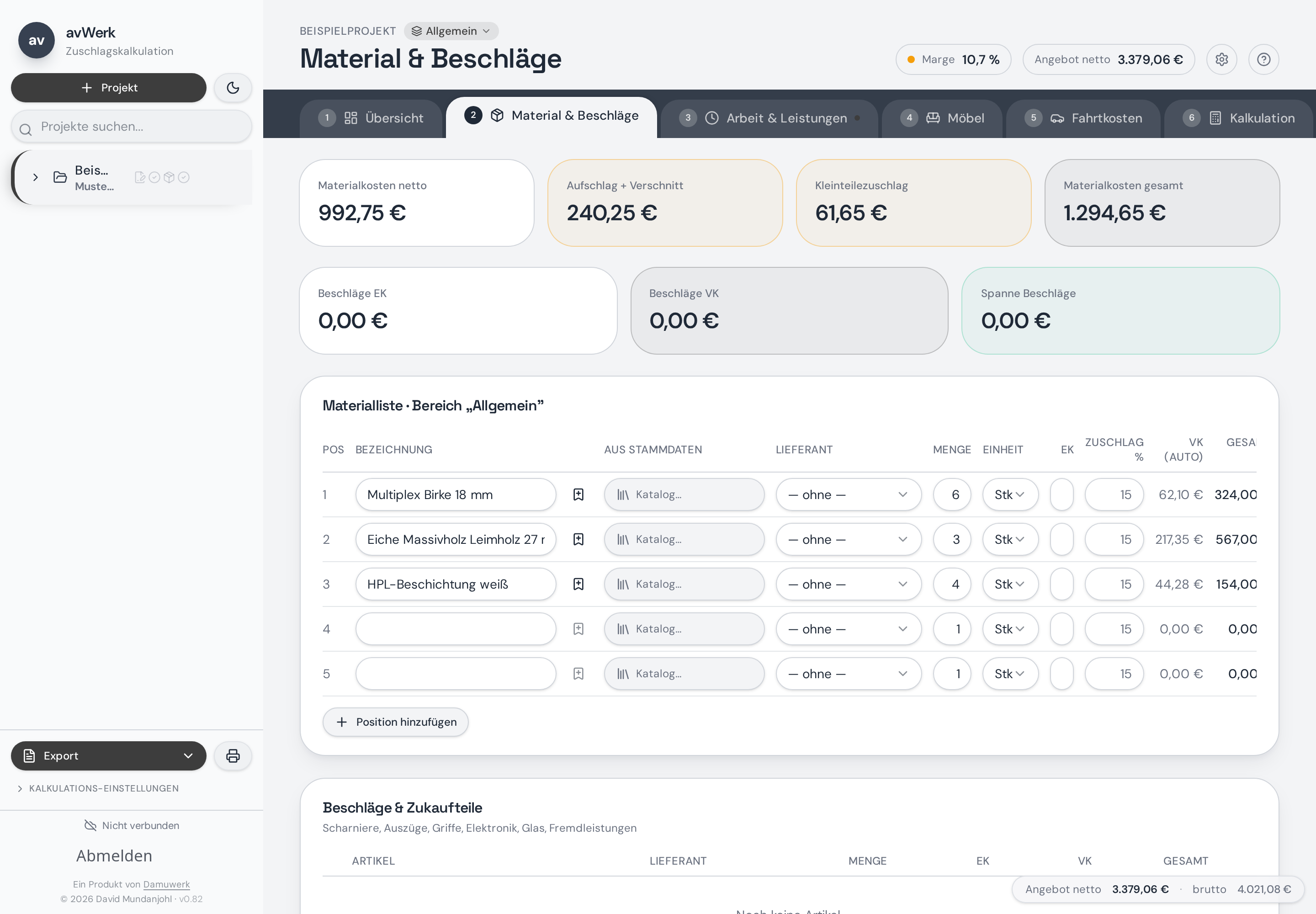 avWerk Material & Beschläge mit Materialliste, Aufschlag und Kleinteilezuschlag