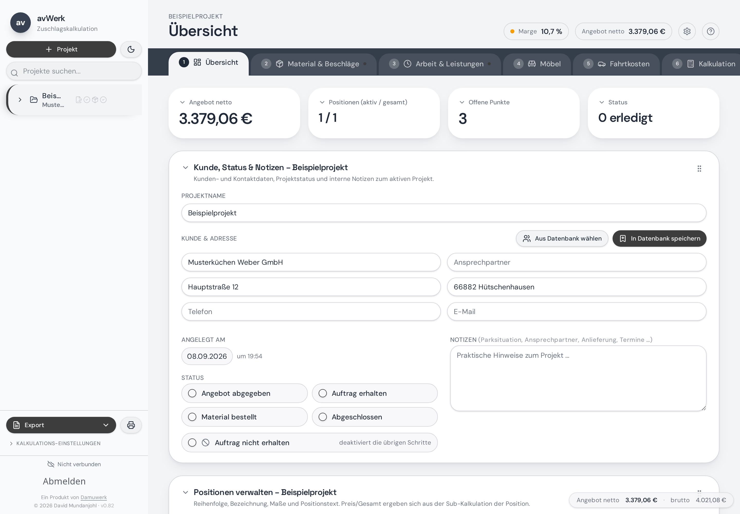 avWerk Projektübersicht mit Kundendaten und Projektstatus